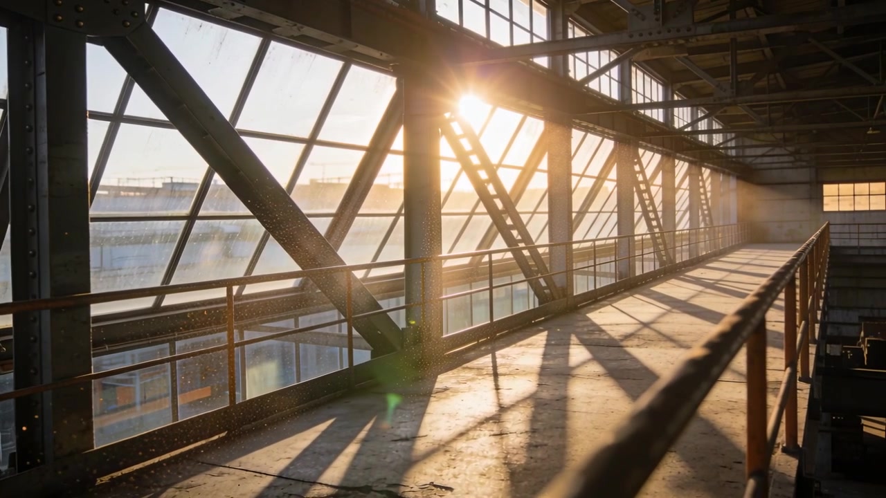 Shifting sunlight brightening empty elevated catwalk and steel trusses inside factory