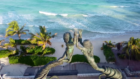 aerial drone view of the mayan portal monument at playa del carmen in the mayan riviera, mexico