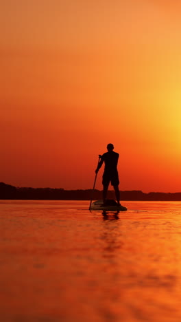 sup boarding on the river in summer. male silhouette floats on water standing on sup board and rowing with a paddle. vertical video