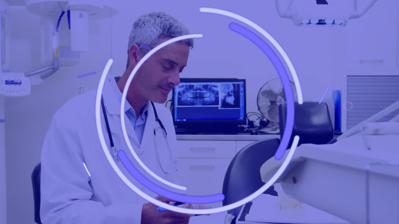 animación del patrón y el tinte púrpura sobre el dentista masculino.