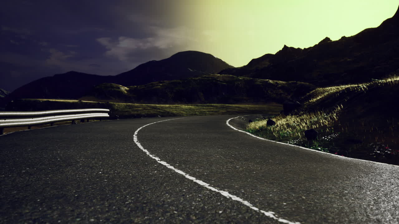 Winding mountain road under a starry night sky with dramatic lighting effects