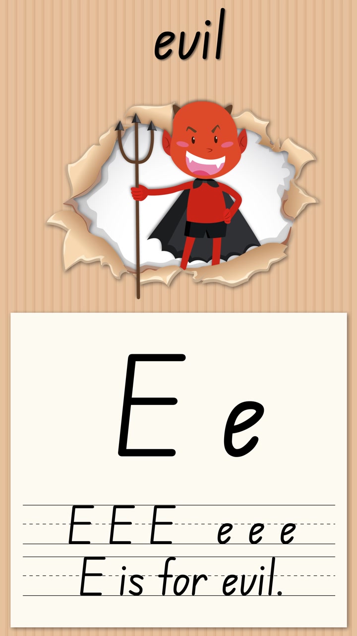 Video educativo verticale animato che insegna la lettera E utilizzando l'illustrazione di un personaggio diavolo dei cartoni animati.