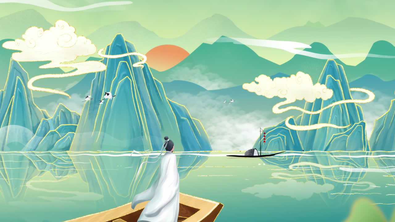 神秘景观，中国传统东方数字艺术动画，中国复古水墨画风格的雾中山水，点缀花鸟树木，河流，雾气背景