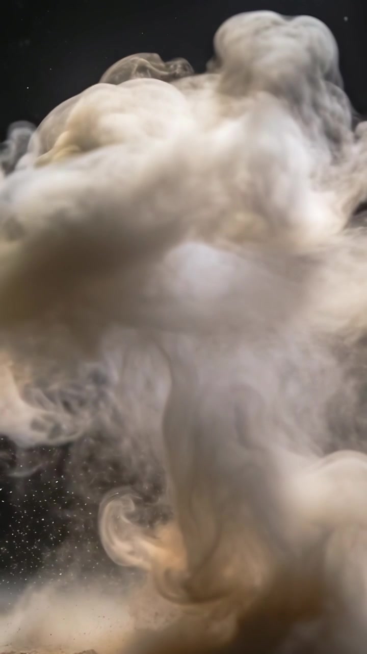 Video verticale: Rilascio di polvere, con un pennacchio che si alza e ondeggia in uno studio buio con luce calda e particelle.