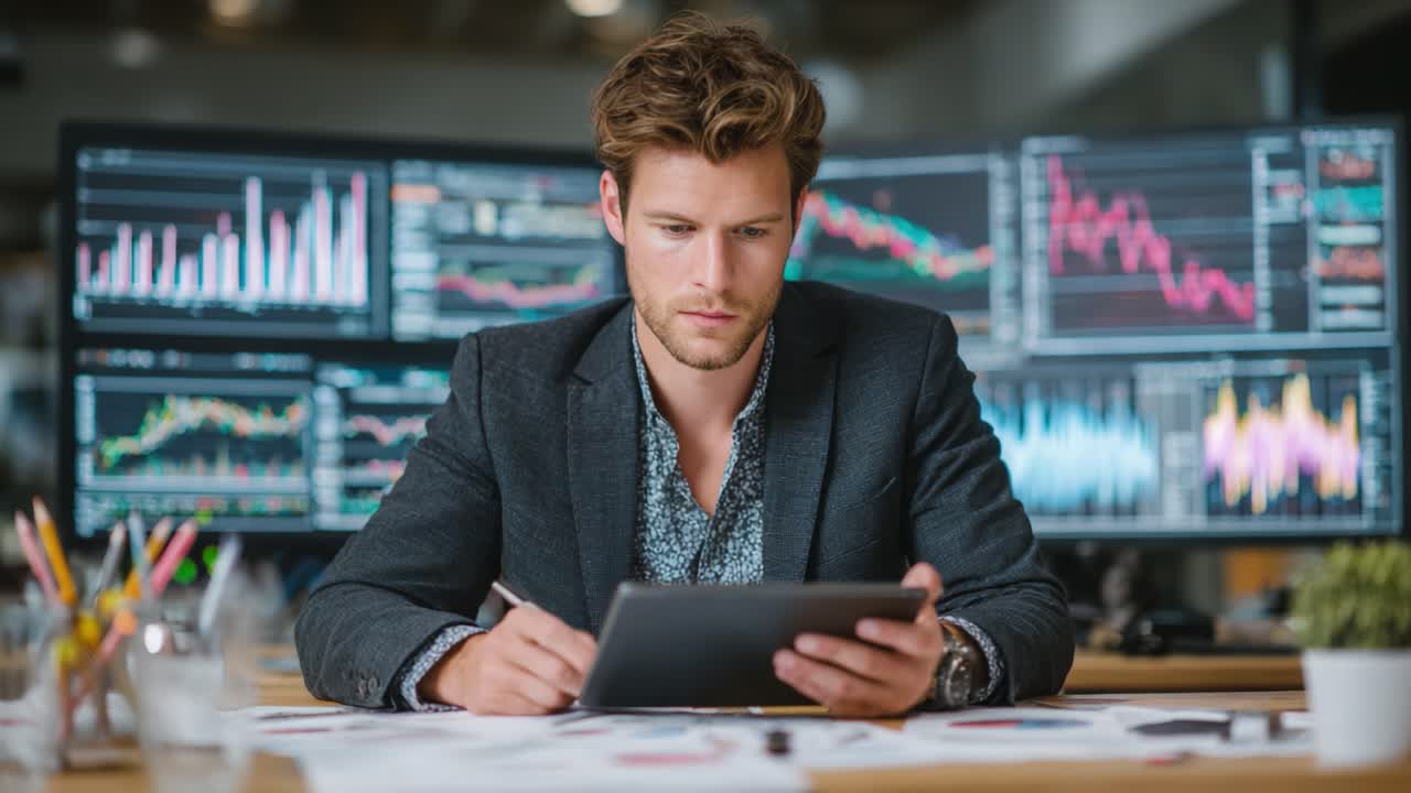 A focus-driven professional analyzing financial data on a tablet, surrounded by charts and graphs that highlight market trends and performance indicators in a modern workspace