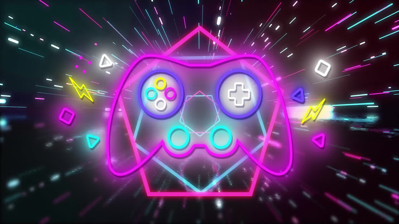 검은색 배경에 네온 비디오 게임 패드와 아이콘의 애니메이션