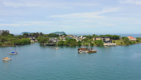 aerial panoramic view of sea, sail boats, and islands from kota kinabalu marina, sabah, malaysia