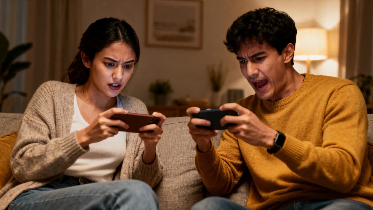 Coppia che tocca lo schermo, indossando cardigan e maglione, compete sul divano di casa, usando i telefoni per vincere