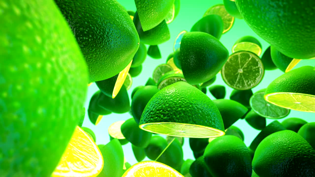 초록색 배경에 신선한 라임이 떨어집니다.