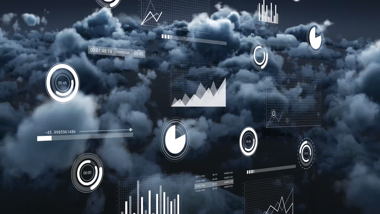 animación de cartas y procesamiento de datos sobre un cielo nublado gris