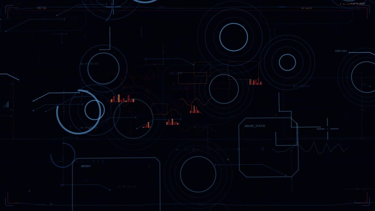 Left pale-blue ring pulsing, HUD animating rings and red micro-charts to indicate scanning activity