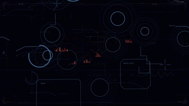 Left pale-blue ring pulsing, HUD animating rings and red micro-charts to indicate scanning activity