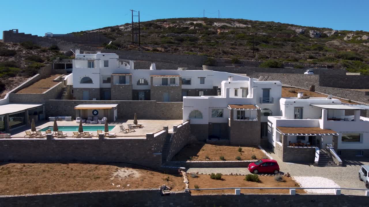 Aerial Orbit View of Typical Touristy Greek Village Villa Mira, Paros