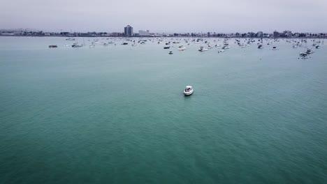 Aerial-Shot-Of-Countless-Boats-Anchored-In-Stunning-Blue-Seascape,-La-Punta,-Peru