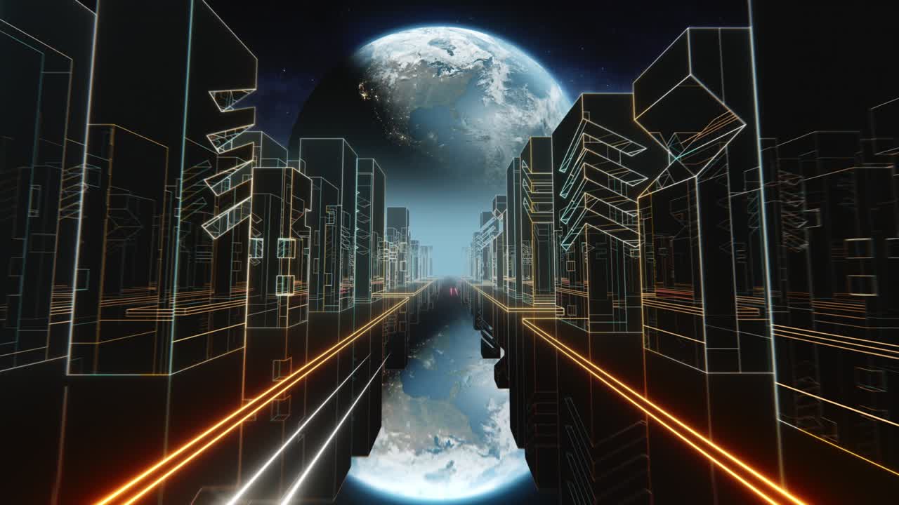 80년대 레트로 웨이브 나이트 시티 신스 웨이브 vj: 네온 조명, 지구 행성, 별, 80년대 스타일 그리드, 태양 별, 오래된 tv 스크린 애니메이션 배경, vj: 레트로 퓨처리즘 도시, 먼 도시 스카이 라인과 함께 지구 행성을 향해 운전, 80년대 sf.