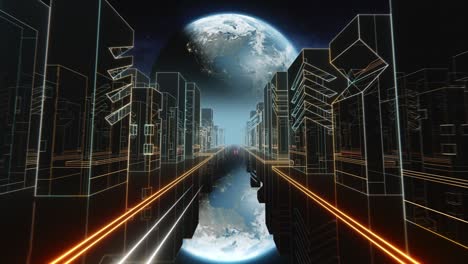 80s retrowave night city synthwave vj bucle sin costuras con luces de neón, planeta tierra y estrellas. retro 80s estilo cuadrícula sol estrellas viejo fondo de animación de pantalla de televisión. vj ciudad retro-futurista. conducir hacia el planeta tierra con el horizonte de la ciudad distante. ciencia ficción de los 80s.