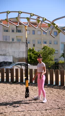 woman doing outdoor workout with suspension trainer