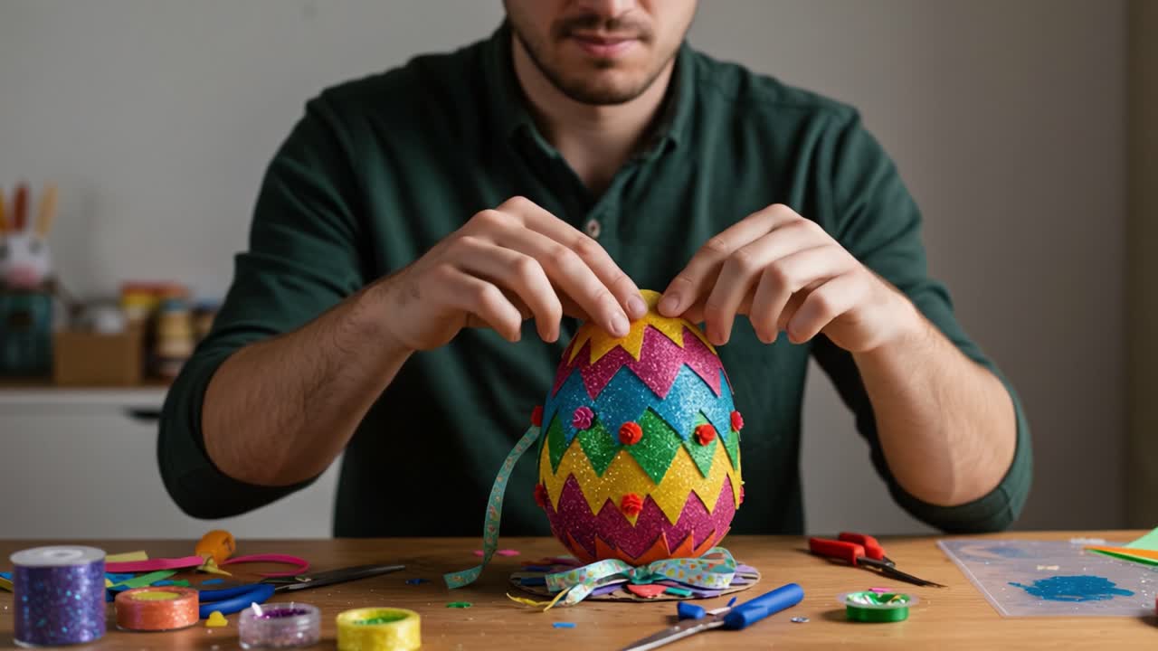 Creative Individual Engaged in the Craft of Decorating a Colorful Easter Egg with Glitter, Ribbon, and Decorative Elements for Festive Celebrations