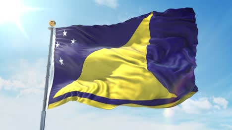 tokelau flag waving in the wind against deep blue sky. national theme, international concept. 3d render seamless loop 4k