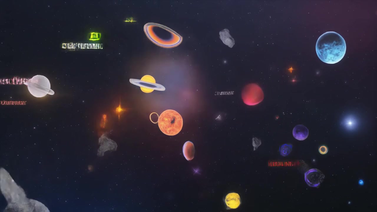 Animated Solar System with Floating Planets and Asteroids in Space
