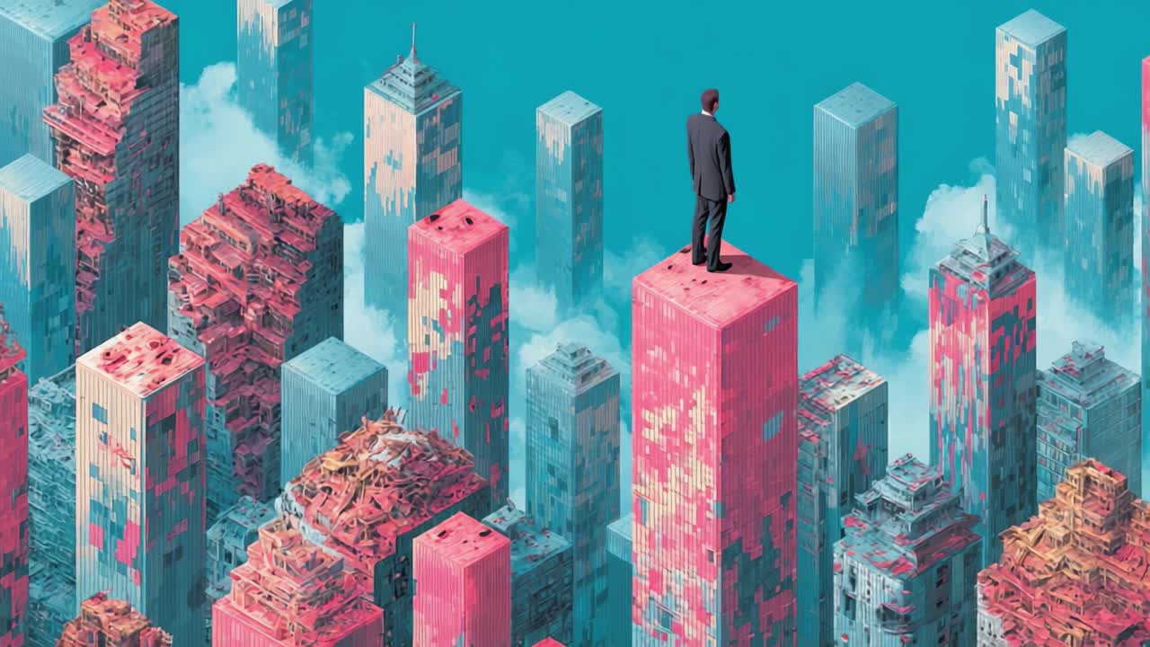 In a surreal and vibrant skyline, a solitary figure stands atop a lofty structure, surveying a sprawling cityscape characterized by tall buildings layered with textures of decay and renewal, evoking a sense of introspection