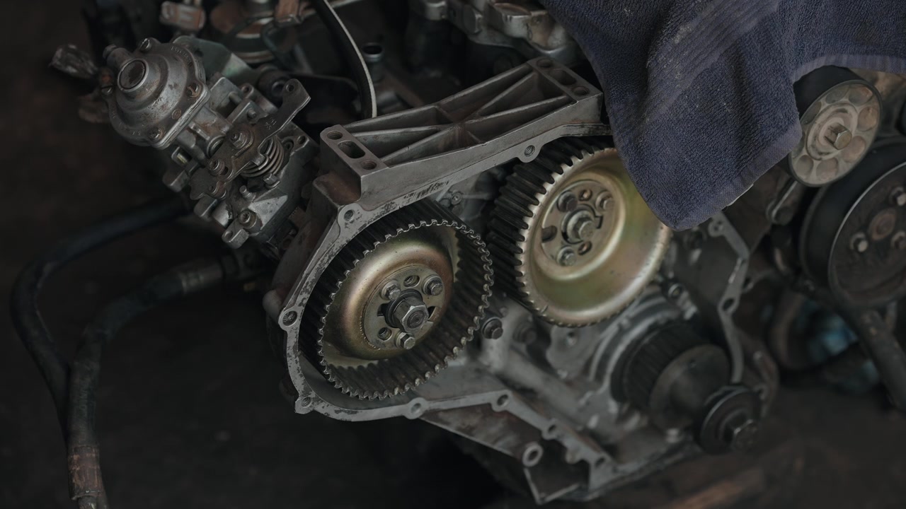 Close detail of camshaft sprockets and timing gears on stripped automotive engine during repair