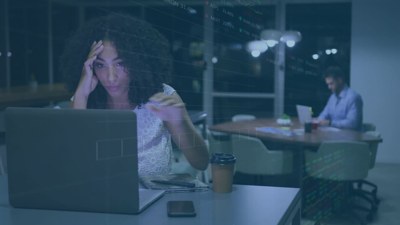 Woman working late, spawning code charts with typing, sipping coffee easing fatigue and refocusing
