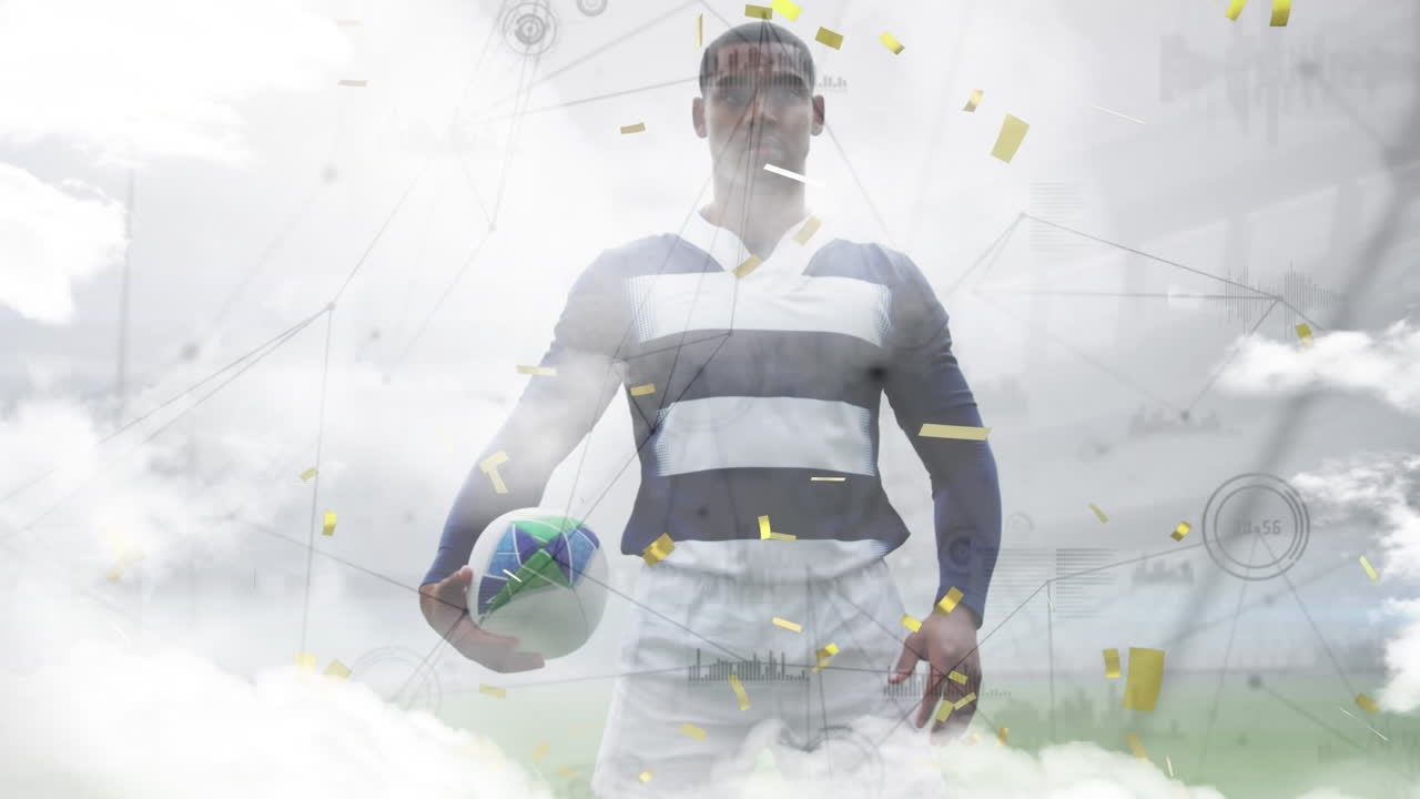 Animazione di nuvole e coriandoli su un giocatore di rugby afroamericano