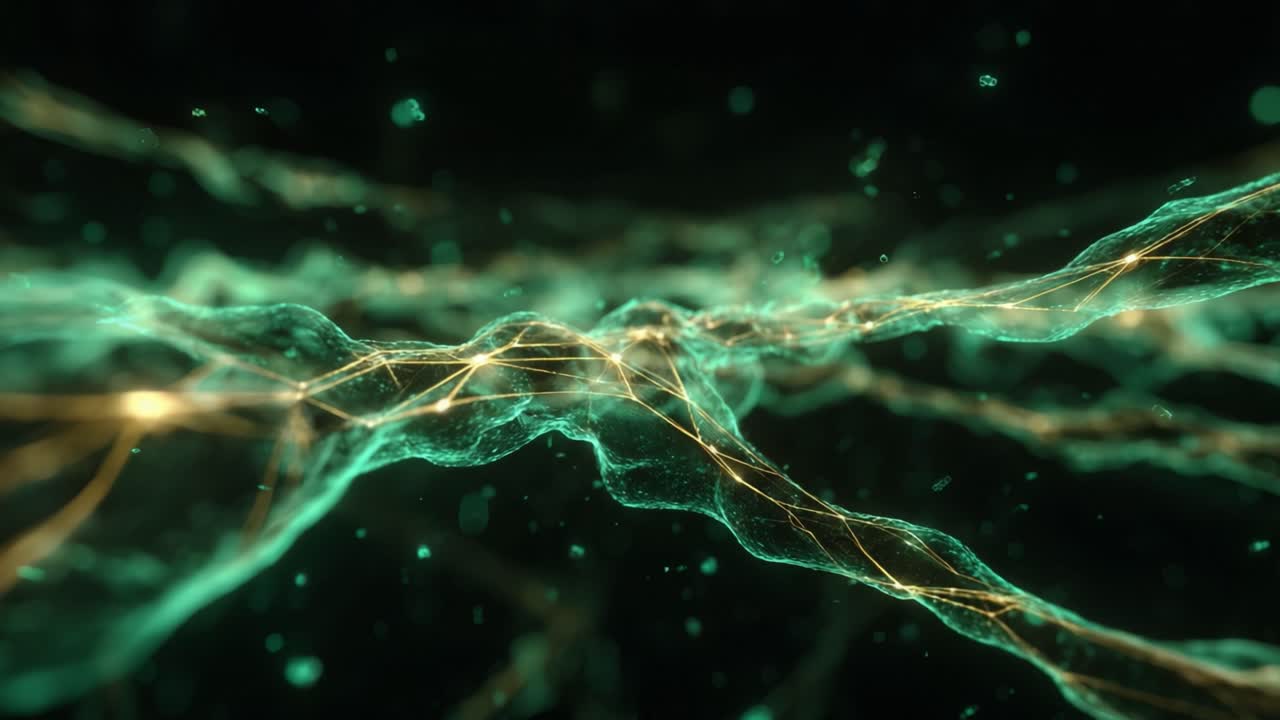 Abstract science fiction background showing a complex, glowing organic neural network structure with data points flowing through its tangled, greenish filaments on a dark, mysterious background