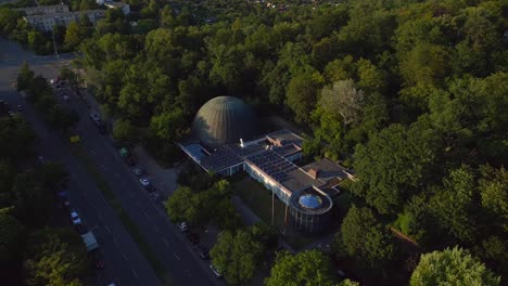 stunning aerial top view flight berlin city planetarium germany in europe, summer day 2023