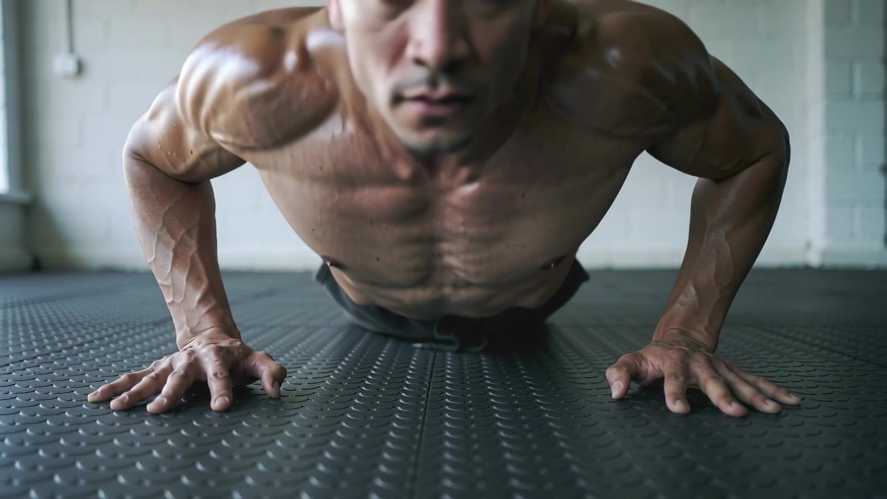 Starting push-up set, shirtless male athlete pushing up on rubber mat in drawstring shorts to train