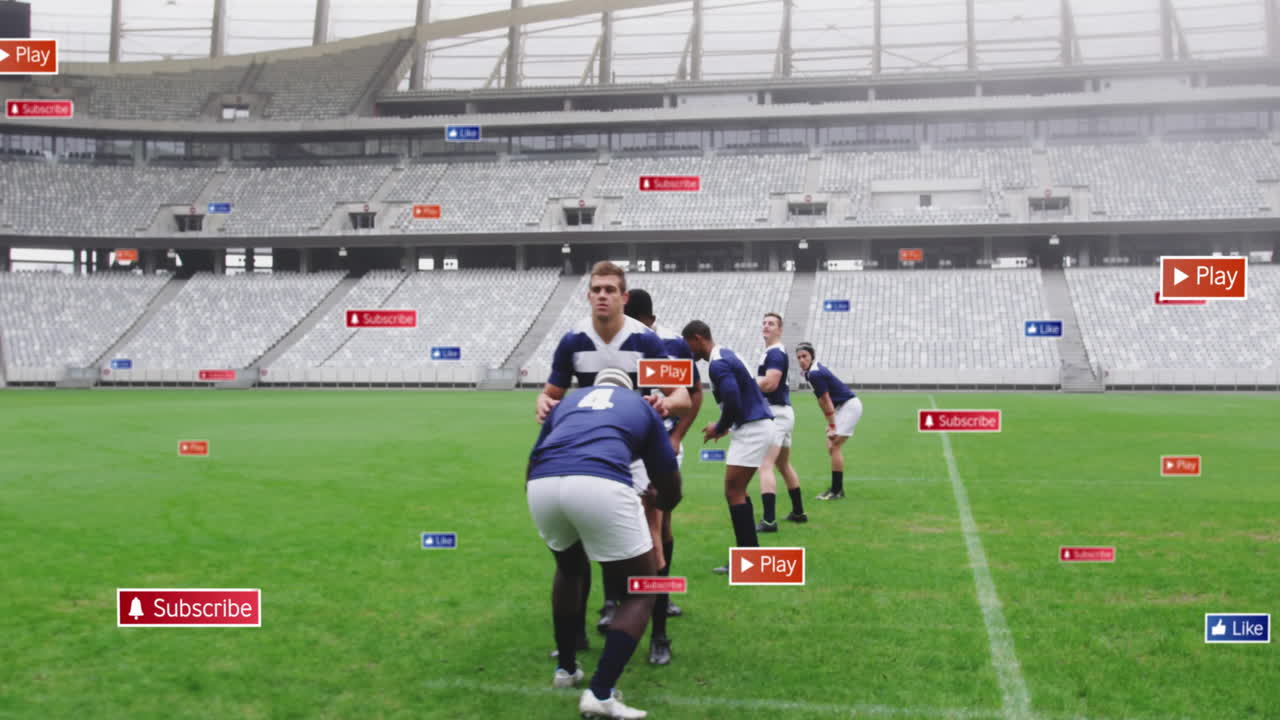 Rugby players on field with animation of digital buttons like Play and Subscribe