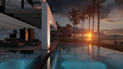 4k video of modern house in luxurious style by the sea or ocean on sunset