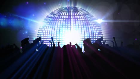 animation of retro disco mirror ball spinning and crowd of people dancing