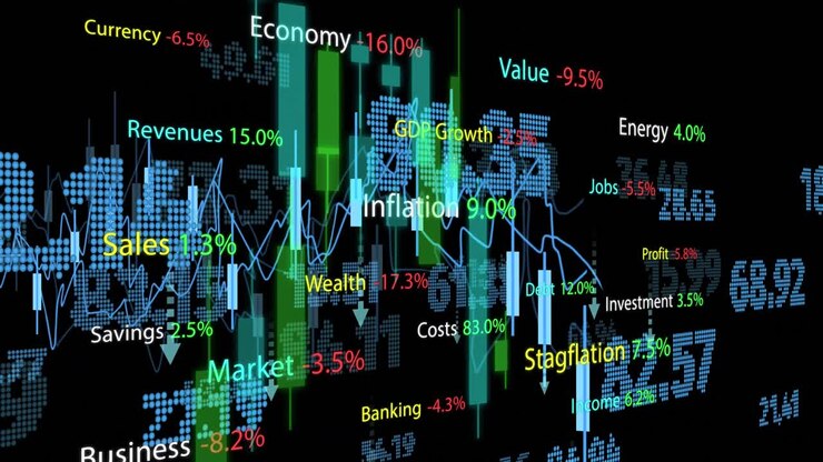 Animation of financial data processing with numbers over black background