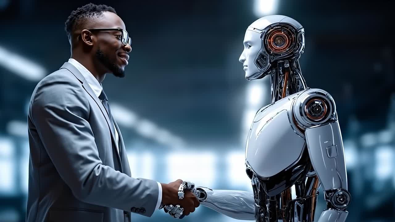 un hombre en un traje estrechando la mano con un robot