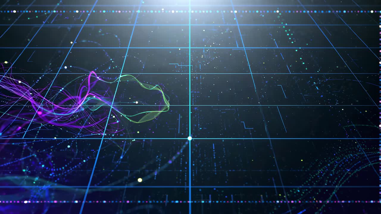 Emerging purple and yellowgreen ribbons moving across cyan grid, weaving waveform with particles