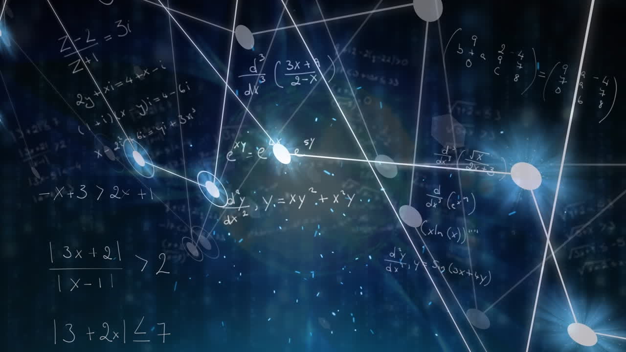 Animation of connected dots over mathematical equations against globe in background
