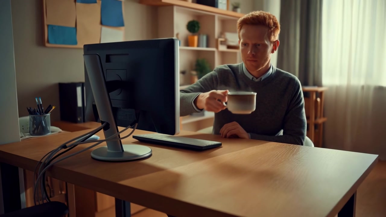 Cup rests in foreground before seated man extends his hand, raises ceramic mug to his mouth, and sips beside desktop monitor, keyboard, shelves, and warm daylight.