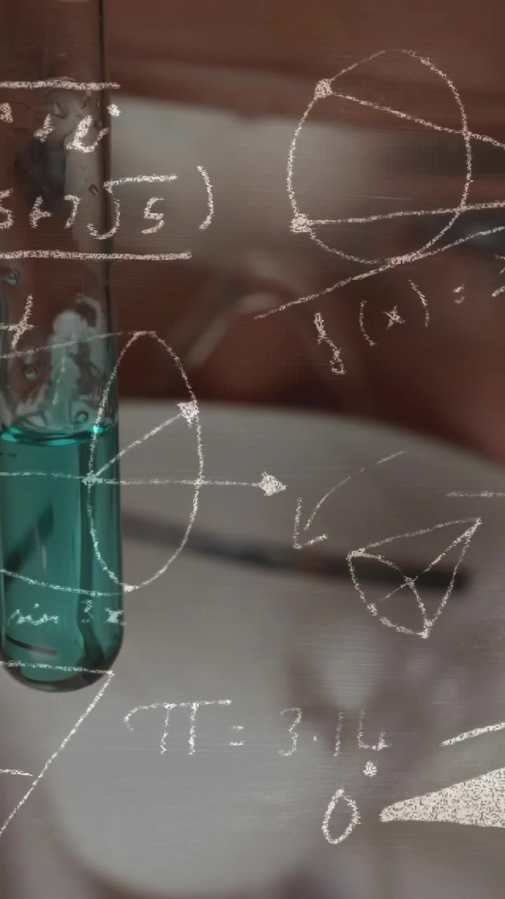 Test tube entering from left, woman peering at teal liquid while chalk diagrams fading for science