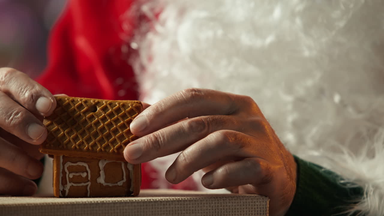 Babbo Natale costruisce una casetta di pan di zenzero