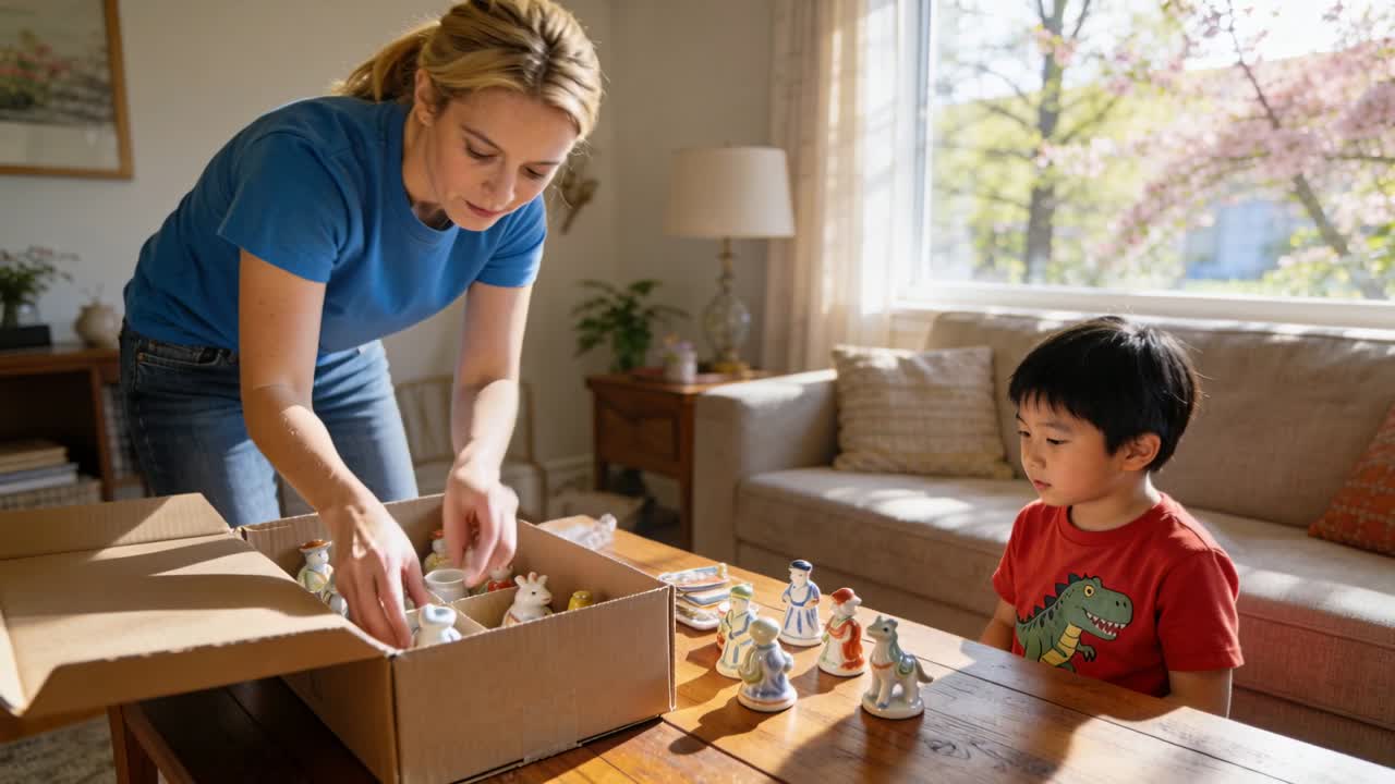Opening box, woman in blue top, jeans arranging figurines on table at home to show child