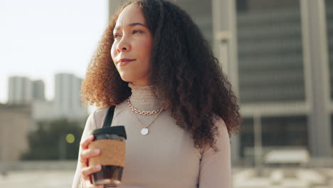 Woman,-walking-and-coffee-break-in-city-to-relax