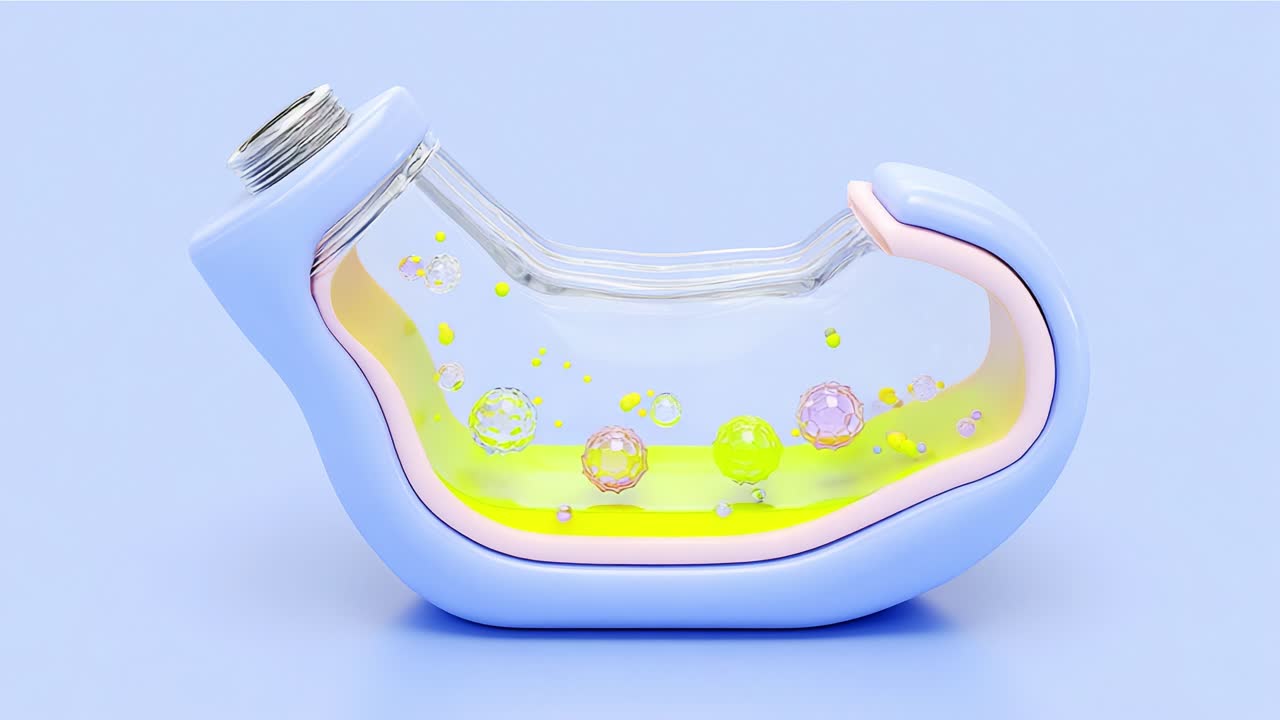 A Unique and Colorful Container Showcasing Bubbles and Liquid – An Artistic Representation of Vibrant Colors, Transparency, and Fluid Motion in a Modern Design