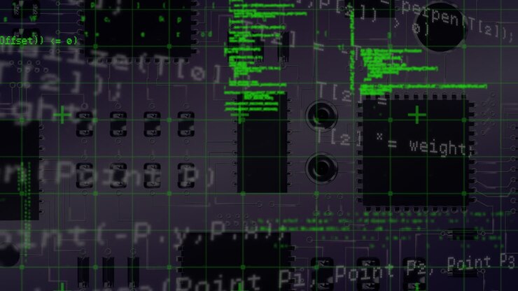 Animation of data processing over grid network against close up of a motherboard