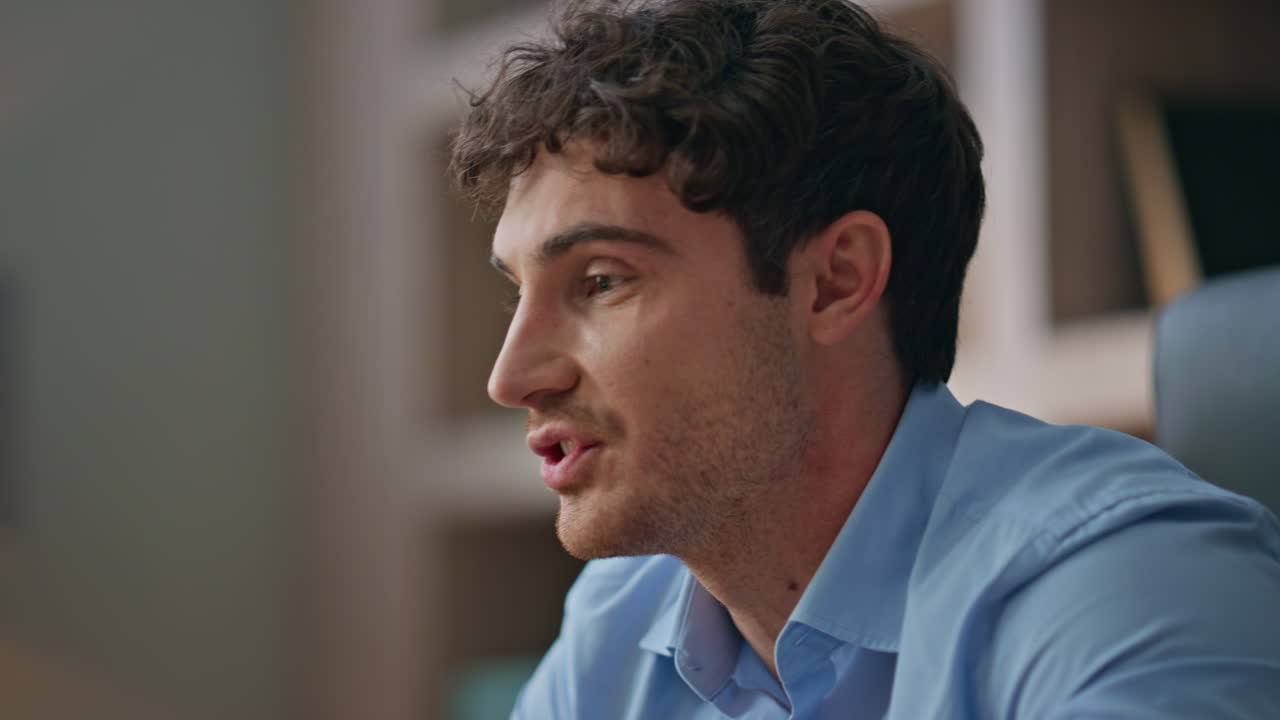 Online coach waving hand on online conference closeup. Office worker talking web