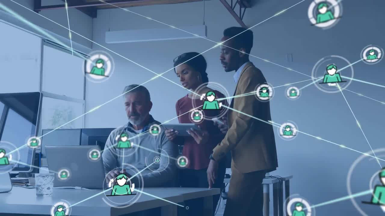 Animation of network of connections over diverse business people in office