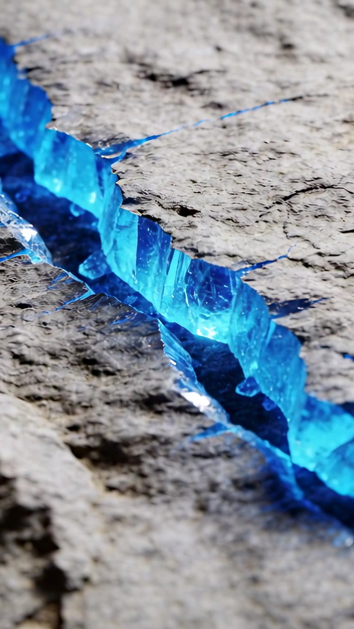 Video verticale: Telecamera inclinata che mostra una vena di cristallo blu in una fessura della roccia, rivelando un bagliore interno.