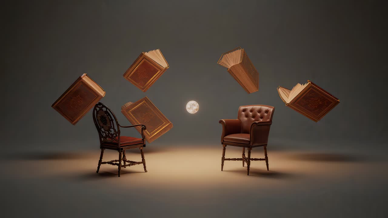 Sei libri fluttuanti che si spostano durante le inquadrature, ruotando sopra due sedie in uno studio illuminato da faretti, sfera luminosa