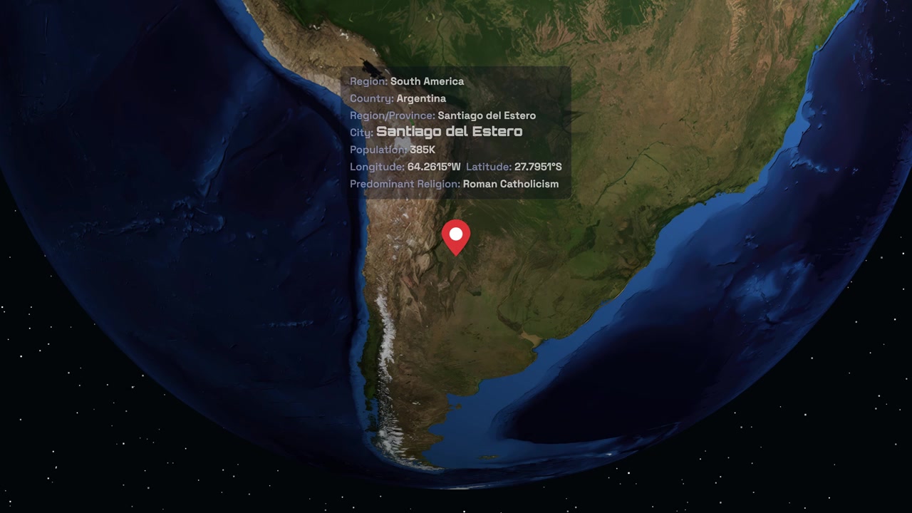 Digital globe rotates and zooms from space into South America, pinpointing Santiago del Estero, Argentina